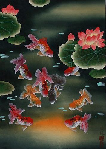 Gold Fish & Flowers - Asian Wall Scroll close up view