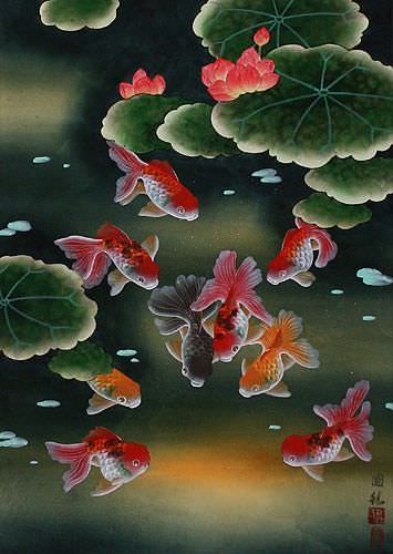 Gold Fish & Flowers - Asian Wall Scroll close up view