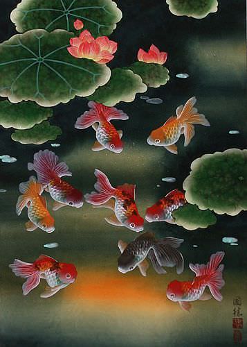 Gold Fish & Flowers - Asian Wall Scroll close up view