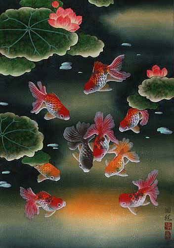 Gold Fish & Flowers - Asian Wall Scroll close up view