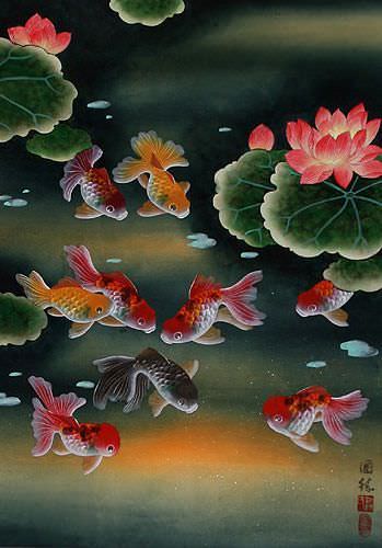 Gold Fish & Flowers - Asian Wall Scroll close up view