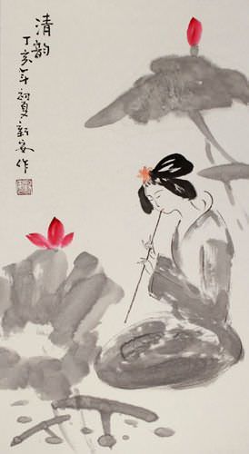 Asian Woman Wall Scroll close up view