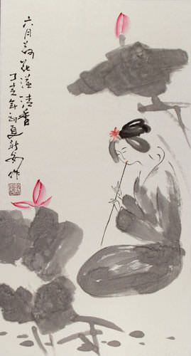 Asian Woman Wall Scroll close up view