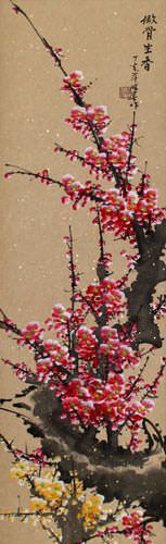 Reddish-Pink and Yellow Plum Blossom Wall Scroll close up view