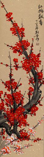 Red Plum Blossom Wall Scroll close up view