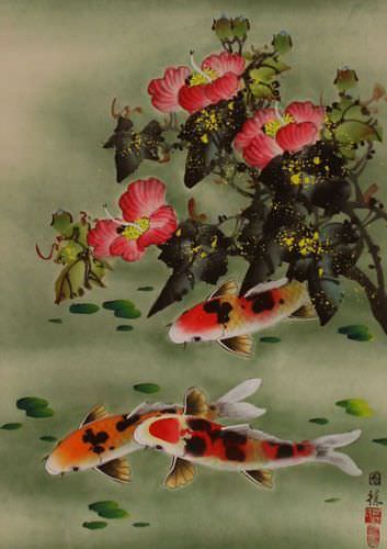 Koi Fish & Flower - Chinese Wall Scroll close up view