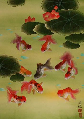 Gold Fish & Flowers - Asian Wall Scroll close up view