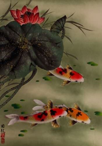 Koi Fish & Lotus Flower - Asian Art Scroll close up view