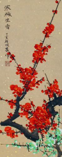 Colorful Plum Blossom Wall Scroll close up view