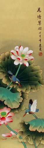 Emerald Green of the Lotus Pond Wall Scroll close up view