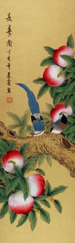 Longevity Birds - Peach Tree Wall Scroll close up view