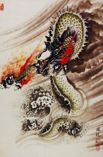 Flying Chinese Dragon - Asian Wall Scroll close up view