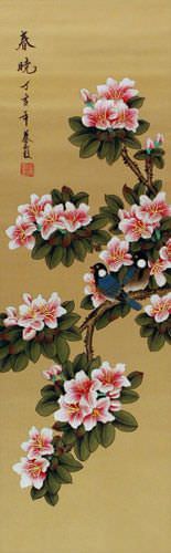 Hints of Spring - Birds & Peach Blossoms Wall Scroll close up view