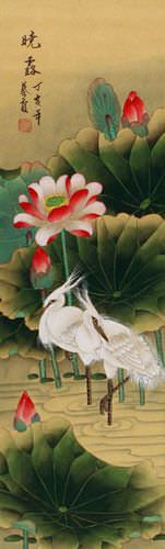 Morning Dew of the Lotus Pond - Egrets Wall Scroll close up view