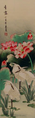 Fragrant Dew of the Lotus Pond Wall Scroll close up view