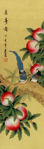 Longevity Birds - Peach Tree Wall Scroll close up view