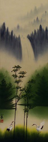 Waterfall Delight Asian Cranes Landscape Wall Scroll close up view
