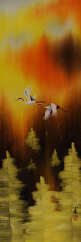 Cranes Taking Flight in Autumn Wall Scroll close up view