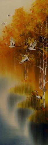 Autumn Rhyme - Colorful Asian Cranes Wall Scroll close up view