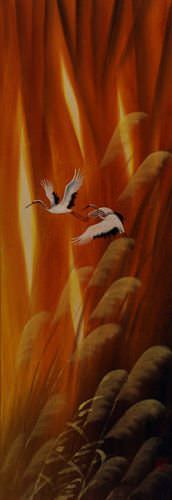 Autumn Flight - Asian Cranes Wall Scroll close up view