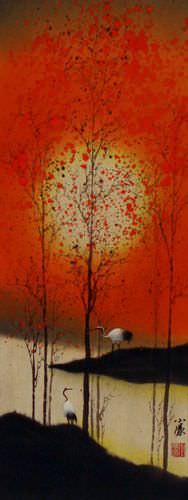 Sounds of Autumn Cranes Wall Scroll close up view