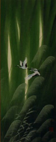Summer Asian Cranes Landscape - Small Wall Scroll close up view