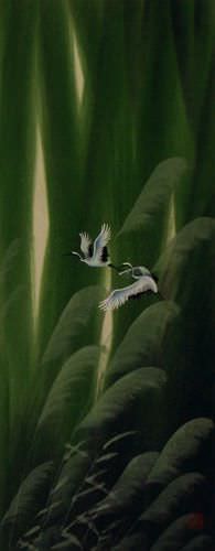 Summer Asian Cranes Landscape - Small Wall Scroll close up view