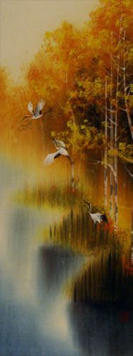 Autumn Rhyme - Colorful Cranes - Small Wall Scroll close up view