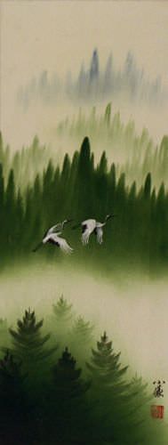 Colorful Asian Cranes Wall Scroll close up view
