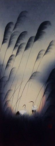 Colorful Asian Cranes Wall Scroll close up view