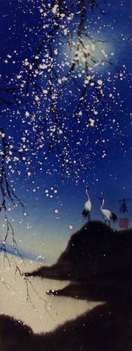 Blue Dreams Fantasy Cranes - Small Wall Scroll close up view