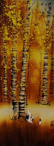Autumn in Birch Forest - Asian Cranes - Small Wall Scroll close up view