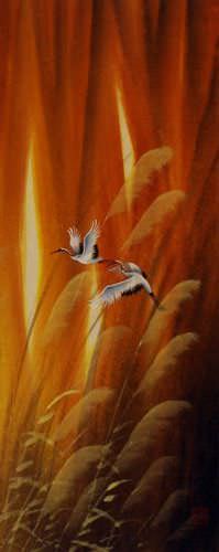 Autumn Flight - Asian Cranes - Small Wall Scroll close up view