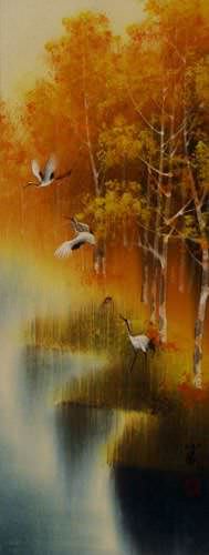 Autumn Rhyme - Colorful Cranes - Small Wall Scroll close up view
