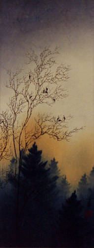 Twilight Birds' Song - Small Wall Scroll close up view