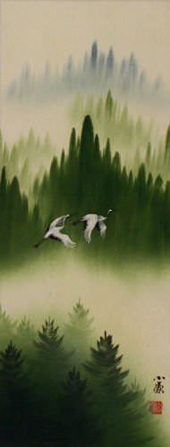 Companions Asian Cranes Landscape - Small Wall Scroll close up view