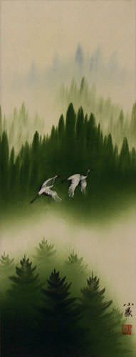 Companions Asian Cranes Landscape - Small Wall Scroll close up view