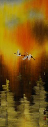Cranes Taking Flight in Autumn - Small Wall Scroll close up view