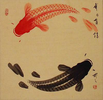 Antiqued Yin Yang Fish Silk Wall Scroll close up view