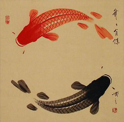 Antiqued Yin Yang Fish Silk Wall Scroll close up view