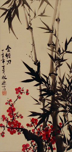 Black Ink Bamboo & Plum Blossom Scroll close up view