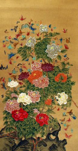 Flowers and Butterflies - Partial-Print Wall Scroll close up view