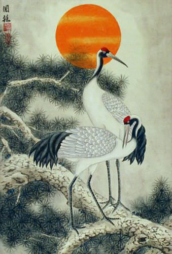 Antique-Style Cranes Wall Scroll close up view