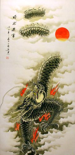 Auspicious Dragon Travels the Clouds - Wall Scroll close up view