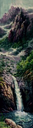 North Korean Landscape Wall Scroll close up view