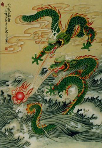 Two Dragons Pearl Fireball Revelry - Wall Scroll close up view