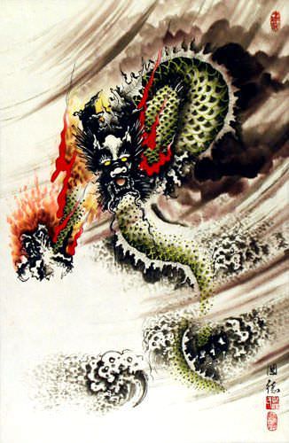 Flying Chinese Dragon - Asian Wall Scroll close up view