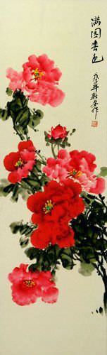 Pink and Red Peony Flower Wall Scroll close up view