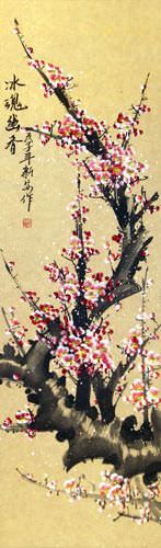 Colorful Pink Plum Blossom Wall Scroll close up view