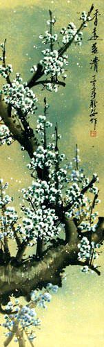 Colorful Reddish-Pink Plum Blossom Wall Scroll close up view